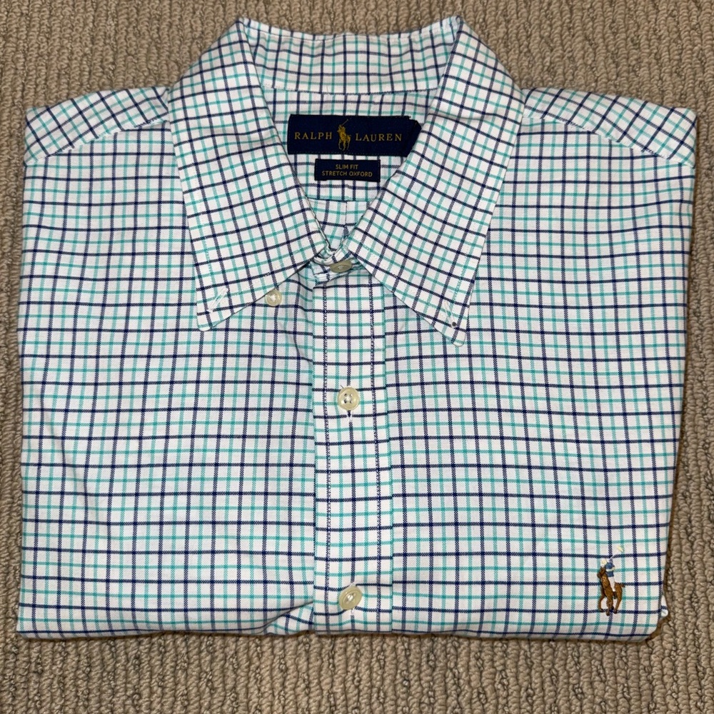 Ralph Lauren Men's Blue Checkered Shirt:‎ Slim Fit Stretch Oxford (Size Large)